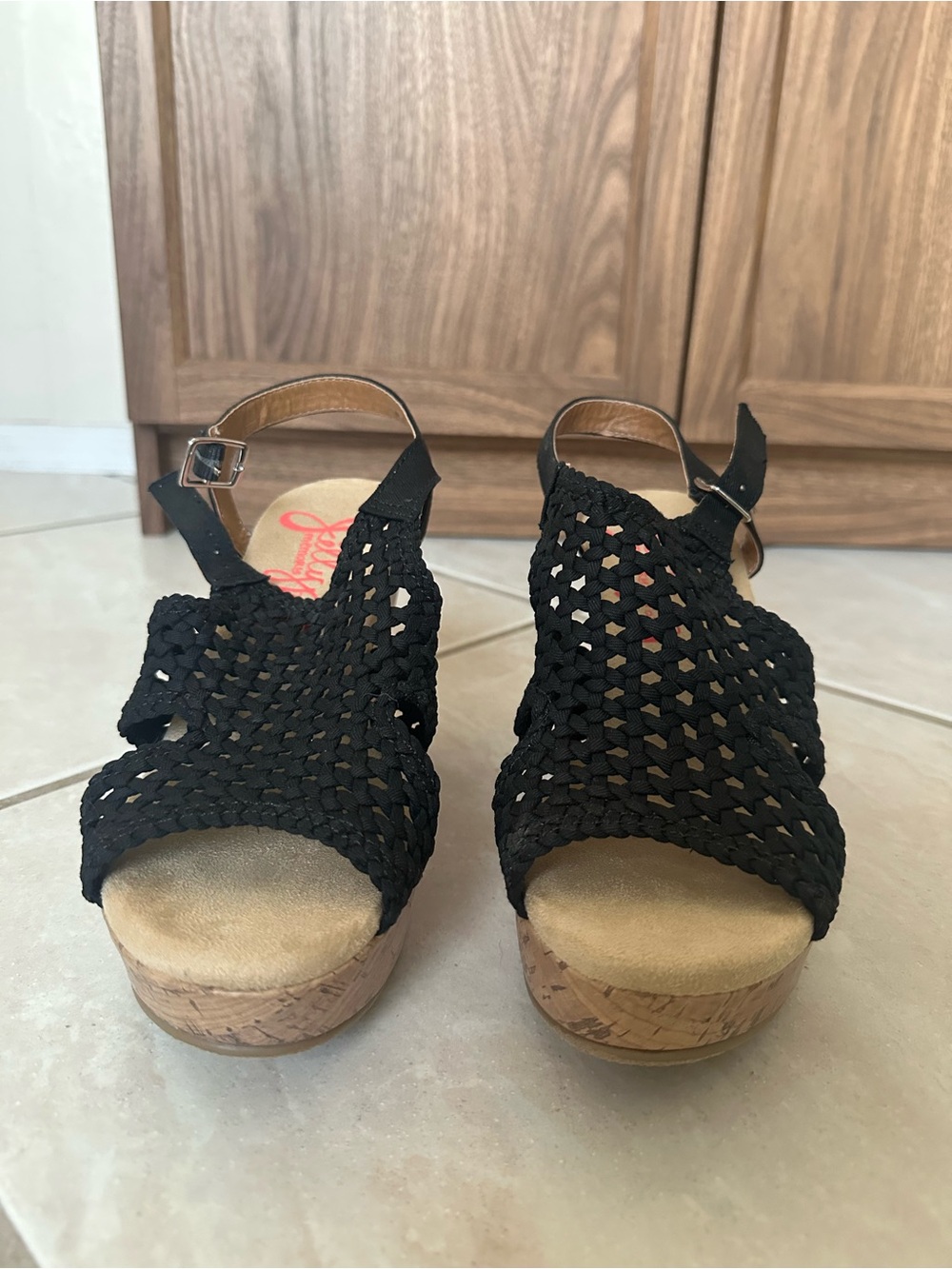Jellypop Black Woven Cork Wedge Slingbacks